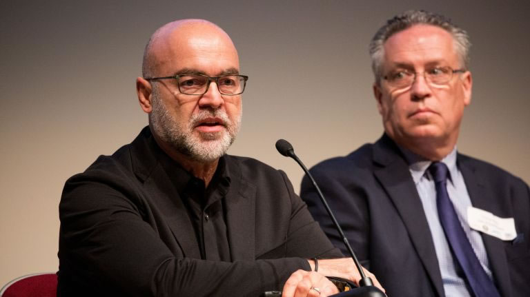 Jack Khzouz, CEO of NICE Bus, speaks Wednesday during the Sustainable Transportation Symposium at the Suffolk County Community College Grant Campus in Brentwood. Photo Credit: Barry Sloan